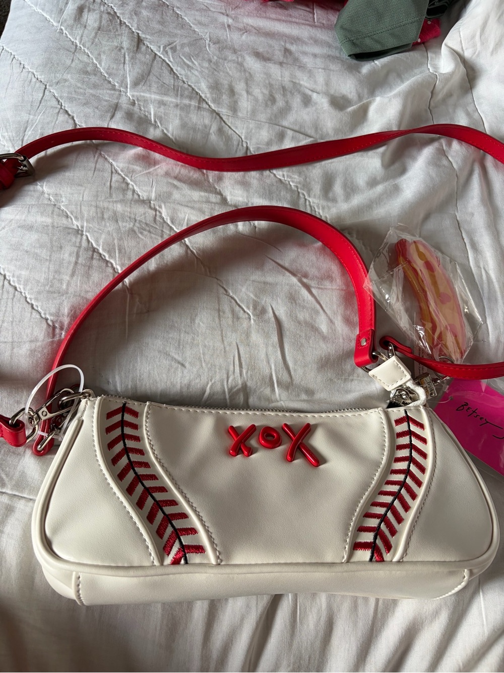 Betsey Johnson White & Red Baseball-Style Shoulder Bag